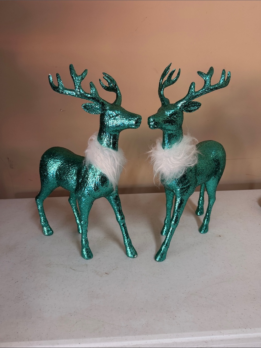 Sparkling Teal Glitter Reindeer Pair with White Faux Fur Collars